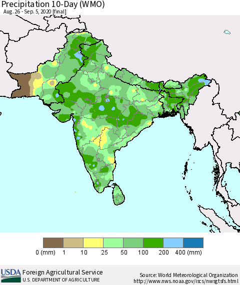 Southern Asia Precipitation 10-Day (WMO) Thematic Map For 8/26/2020 - 9/5/2020