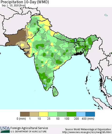 Southern Asia Precipitation 10-Day (WMO) Thematic Map For 9/1/2020 - 9/10/2020