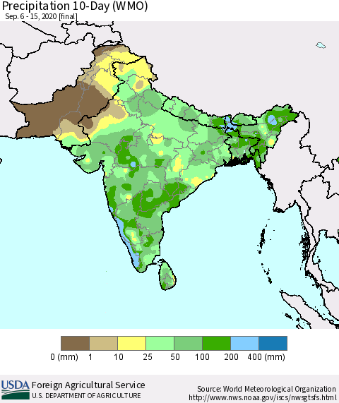 Southern Asia Precipitation 10-Day (WMO) Thematic Map For 9/6/2020 - 9/15/2020