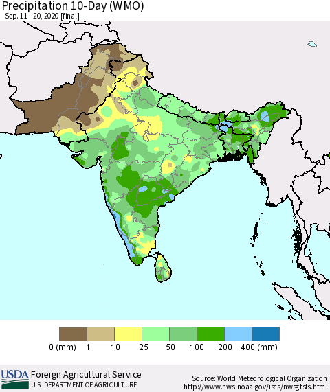 Southern Asia Precipitation 10-Day (WMO) Thematic Map For 9/11/2020 - 9/20/2020
