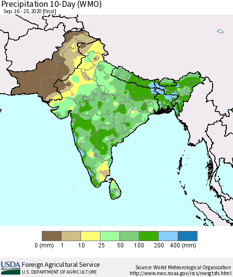 Southern Asia Precipitation 10-Day (WMO) Thematic Map For 9/16/2020 - 9/25/2020