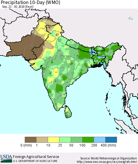 Southern Asia Precipitation 10-Day (WMO) Thematic Map For 9/21/2020 - 9/30/2020