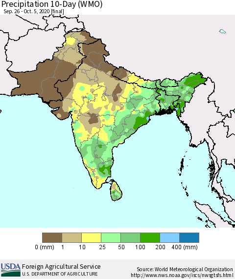 Southern Asia Precipitation 10-Day (WMO) Thematic Map For 9/26/2020 - 10/5/2020