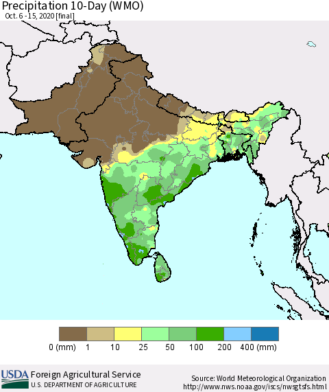 Southern Asia Precipitation 10-Day (WMO) Thematic Map For 10/6/2020 - 10/15/2020