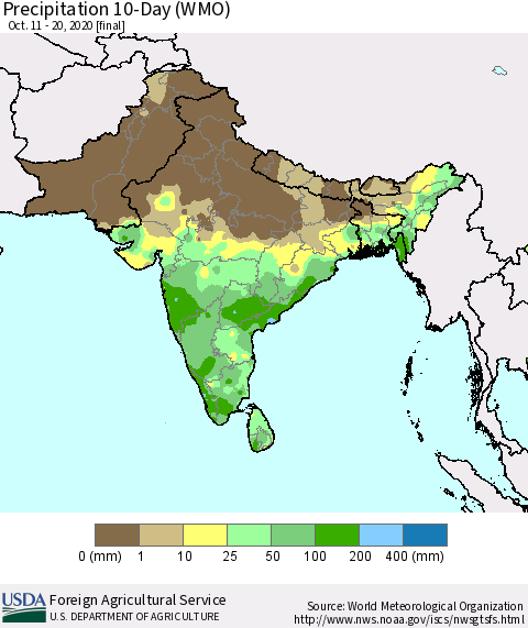 Southern Asia Precipitation 10-Day (WMO) Thematic Map For 10/11/2020 - 10/20/2020