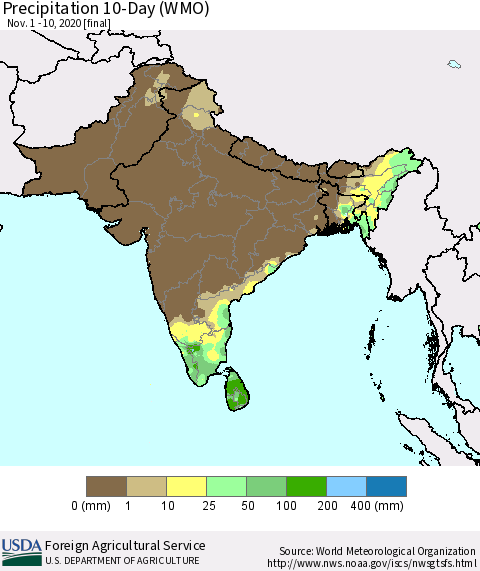 Southern Asia Precipitation 10-Day (WMO) Thematic Map For 11/1/2020 - 11/10/2020