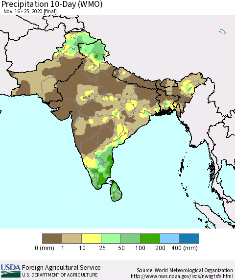 Southern Asia Precipitation 10-Day (WMO) Thematic Map For 11/16/2020 - 11/25/2020