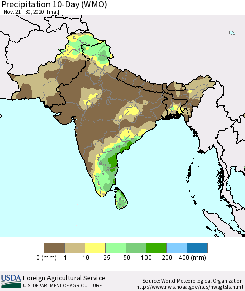 Southern Asia Precipitation 10-Day (WMO) Thematic Map For 11/21/2020 - 11/30/2020