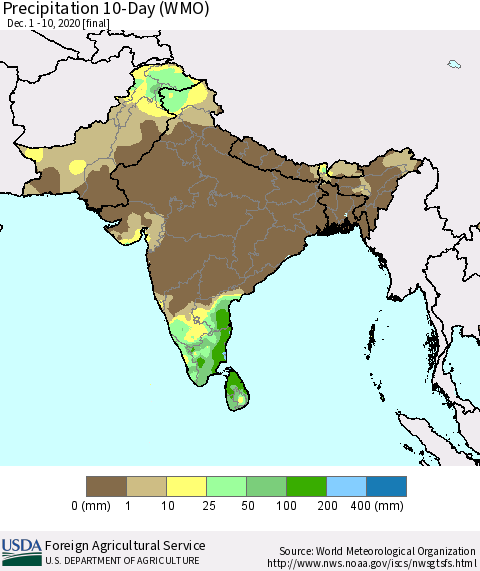 Southern Asia Precipitation 10-Day (WMO) Thematic Map For 12/1/2020 - 12/10/2020