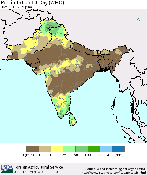 Southern Asia Precipitation 10-Day (WMO) Thematic Map For 12/6/2020 - 12/15/2020