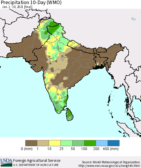 Southern Asia Precipitation 10-Day (WMO) Thematic Map For 1/1/2021 - 1/10/2021