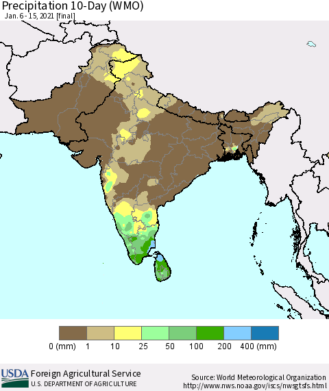 Southern Asia Precipitation 10-Day (WMO) Thematic Map For 1/6/2021 - 1/15/2021