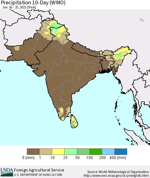 Southern Asia Precipitation 10-Day (WMO) Thematic Map For 1/16/2021 - 1/25/2021