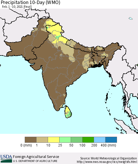 Southern Asia Precipitation 10-Day (WMO) Thematic Map For 2/1/2021 - 2/10/2021