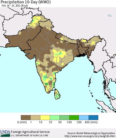 Southern Asia Precipitation 10-Day (WMO) Thematic Map For 2/16/2021 - 2/25/2021