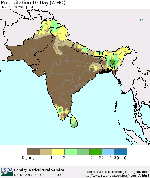 Southern Asia Precipitation 10-Day (WMO) Thematic Map For 3/1/2021 - 3/10/2021