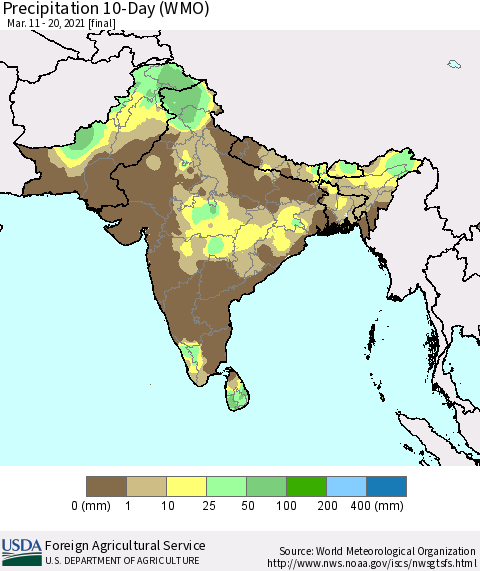 Southern Asia Precipitation 10-Day (WMO) Thematic Map For 3/11/2021 - 3/20/2021