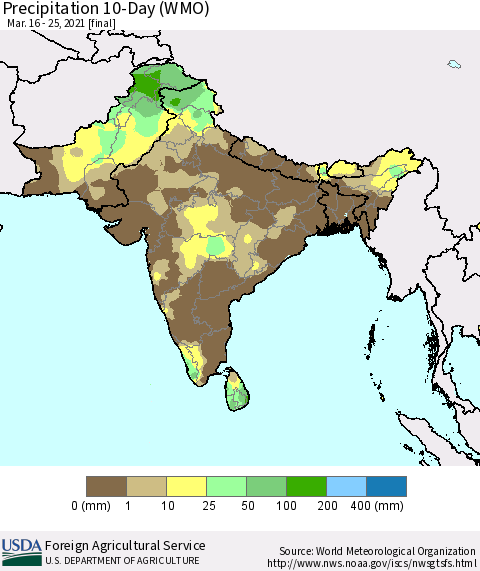 Southern Asia Precipitation 10-Day (WMO) Thematic Map For 3/16/2021 - 3/25/2021