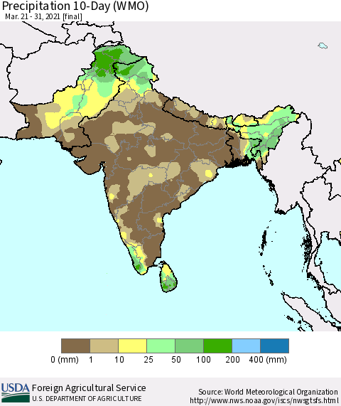 Southern Asia Precipitation 10-Day (WMO) Thematic Map For 3/21/2021 - 3/31/2021
