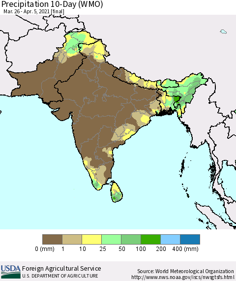 Southern Asia Precipitation 10-Day (WMO) Thematic Map For 3/26/2021 - 4/5/2021