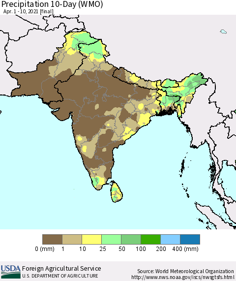 Southern Asia Precipitation 10-Day (WMO) Thematic Map For 4/1/2021 - 4/10/2021
