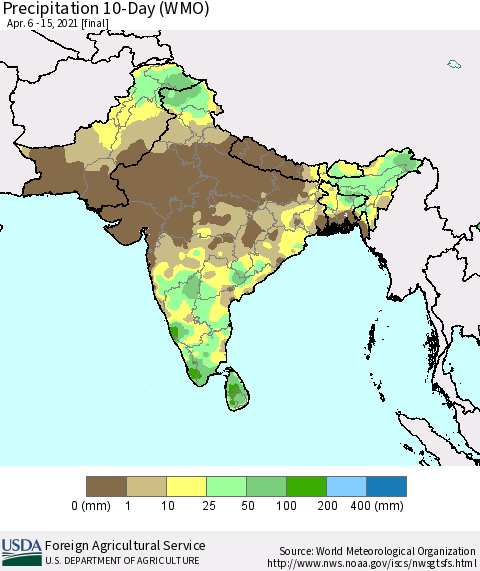 Southern Asia Precipitation 10-Day (WMO) Thematic Map For 4/6/2021 - 4/15/2021