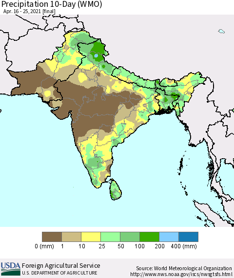 Southern Asia Precipitation 10-Day (WMO) Thematic Map For 4/16/2021 - 4/25/2021