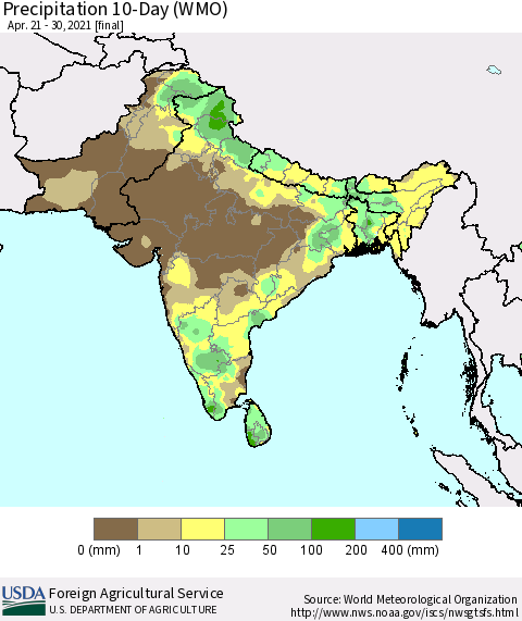 Southern Asia Precipitation 10-Day (WMO) Thematic Map For 4/21/2021 - 4/30/2021