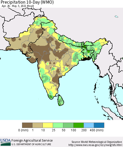 Southern Asia Precipitation 10-Day (WMO) Thematic Map For 4/26/2021 - 5/5/2021