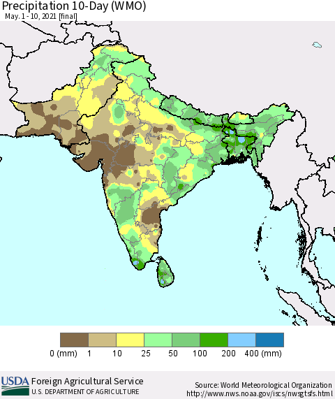 Southern Asia Precipitation 10-Day (WMO) Thematic Map For 5/1/2021 - 5/10/2021