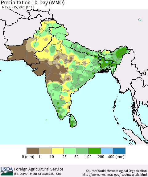 Southern Asia Precipitation 10-Day (WMO) Thematic Map For 5/6/2021 - 5/15/2021