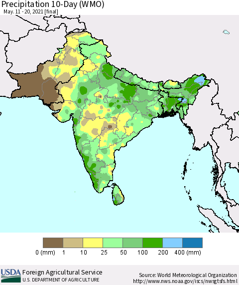 Southern Asia Precipitation 10-Day (WMO) Thematic Map For 5/11/2021 - 5/20/2021