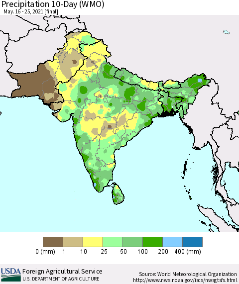 Southern Asia Precipitation 10-Day (WMO) Thematic Map For 5/16/2021 - 5/25/2021
