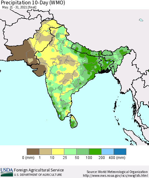 Southern Asia Precipitation 10-Day (WMO) Thematic Map For 5/21/2021 - 5/31/2021
