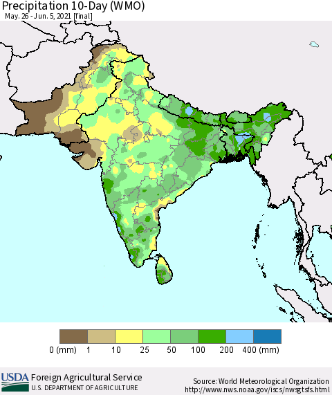 Southern Asia Precipitation 10-Day (WMO) Thematic Map For 5/26/2021 - 6/5/2021