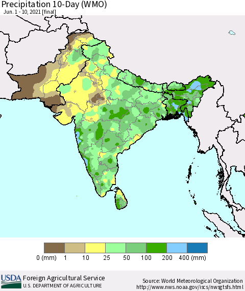 Southern Asia Precipitation 10-Day (WMO) Thematic Map For 6/1/2021 - 6/10/2021