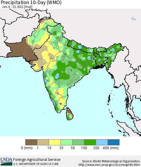 Southern Asia Precipitation 10-Day (WMO) Thematic Map For 6/6/2021 - 6/15/2021