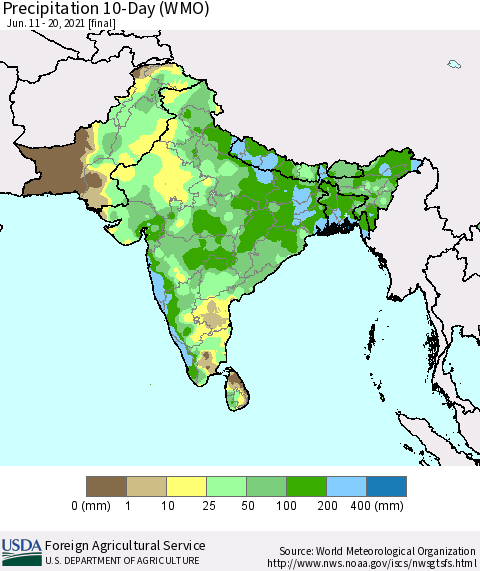 Southern Asia Precipitation 10-Day (WMO) Thematic Map For 6/11/2021 - 6/20/2021