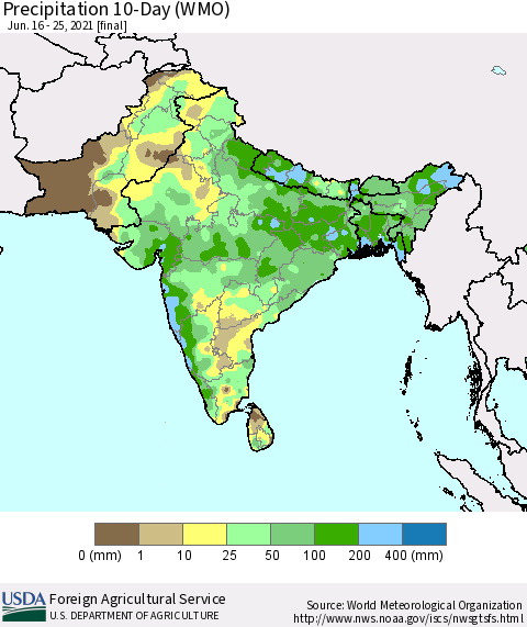 Southern Asia Precipitation 10-Day (WMO) Thematic Map For 6/16/2021 - 6/25/2021