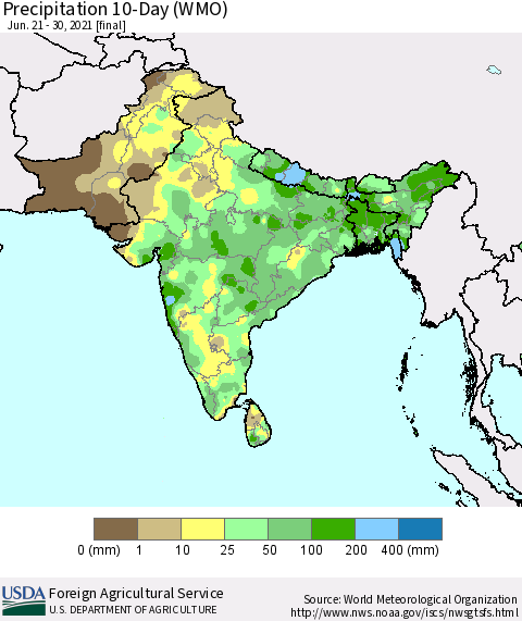 Southern Asia Precipitation 10-Day (WMO) Thematic Map For 6/21/2021 - 6/30/2021