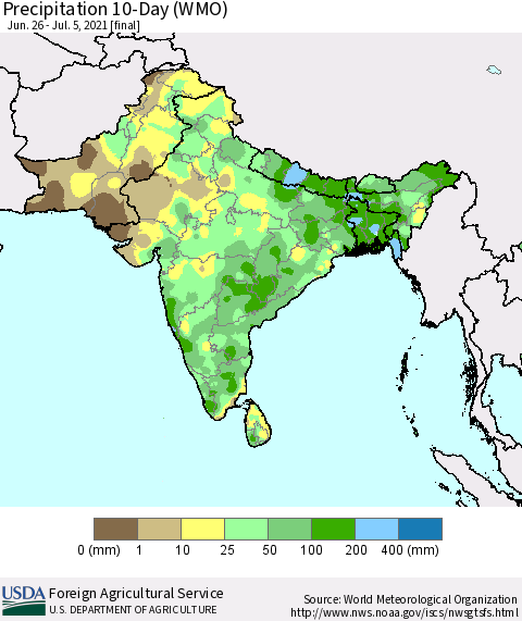 Southern Asia Precipitation 10-Day (WMO) Thematic Map For 6/26/2021 - 7/5/2021