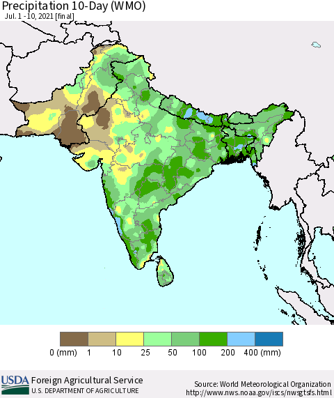 Southern Asia Precipitation 10-Day (WMO) Thematic Map For 7/1/2021 - 7/10/2021