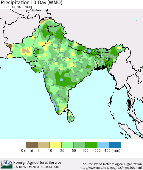 Southern Asia Precipitation 10-Day (WMO) Thematic Map For 7/6/2021 - 7/15/2021