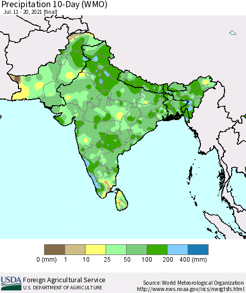 Southern Asia Precipitation 10-Day (WMO) Thematic Map For 7/11/2021 - 7/20/2021