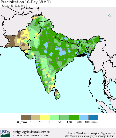 Southern Asia Precipitation 10-Day (WMO) Thematic Map For 7/21/2021 - 7/31/2021
