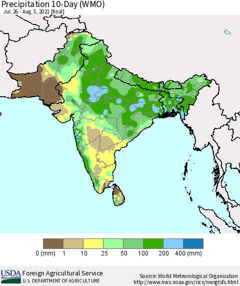 Southern Asia Precipitation 10-Day (WMO) Thematic Map For 7/26/2021 - 8/5/2021