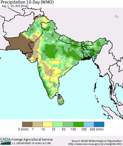 Southern Asia Precipitation 10-Day (WMO) Thematic Map For 8/1/2021 - 8/10/2021