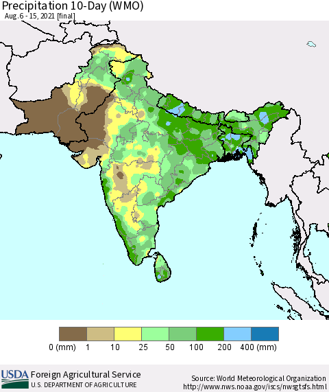 Southern Asia Precipitation 10-Day (WMO) Thematic Map For 8/6/2021 - 8/15/2021