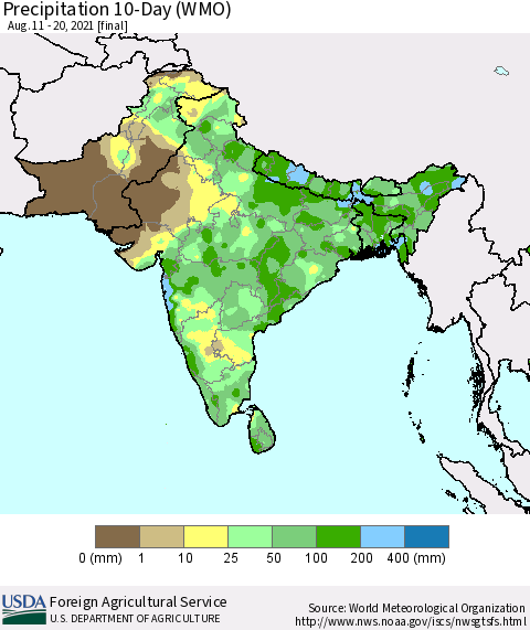 Southern Asia Precipitation 10-Day (WMO) Thematic Map For 8/11/2021 - 8/20/2021