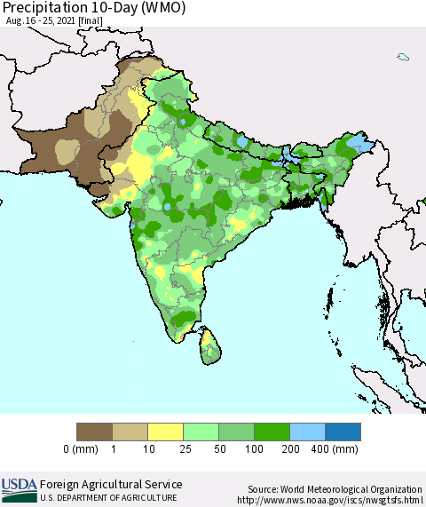 Southern Asia Precipitation 10-Day (WMO) Thematic Map For 8/16/2021 - 8/25/2021